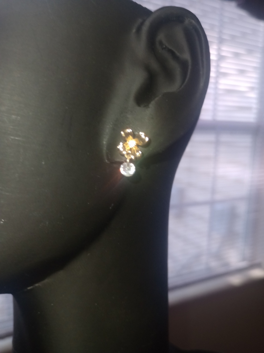 Gold-Tone Floral Drop Earrings with Clear Crystal Accent